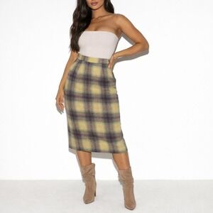 70s Vintage Plaid Pencil Skirt Womens 2 XS Burgundy Tan Bodycon Pleated Mod